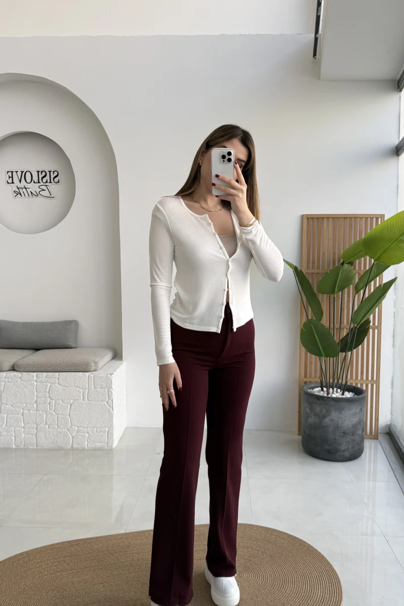 Sis Panto - Çimalı Ful Likralı Pantolon - Bordo - Kod: 1710