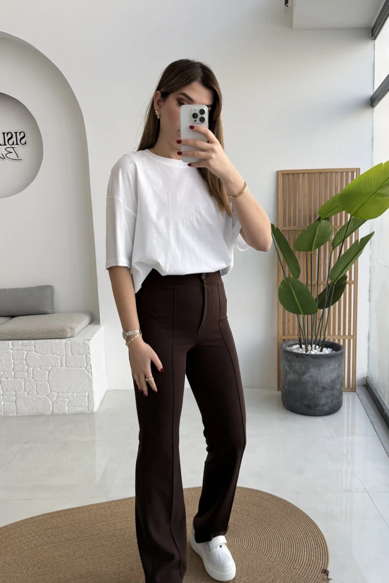 Sis Panto - Çimalı Ful Likralı Pantolon - Kahverengi - Kod: 1710