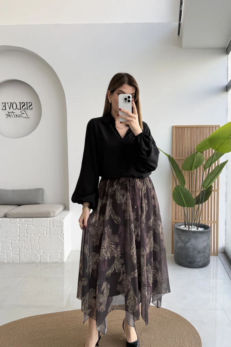 Janeka Desenli Asimetrik Kesim Şifon Etek - Kahve - Kod: 1293