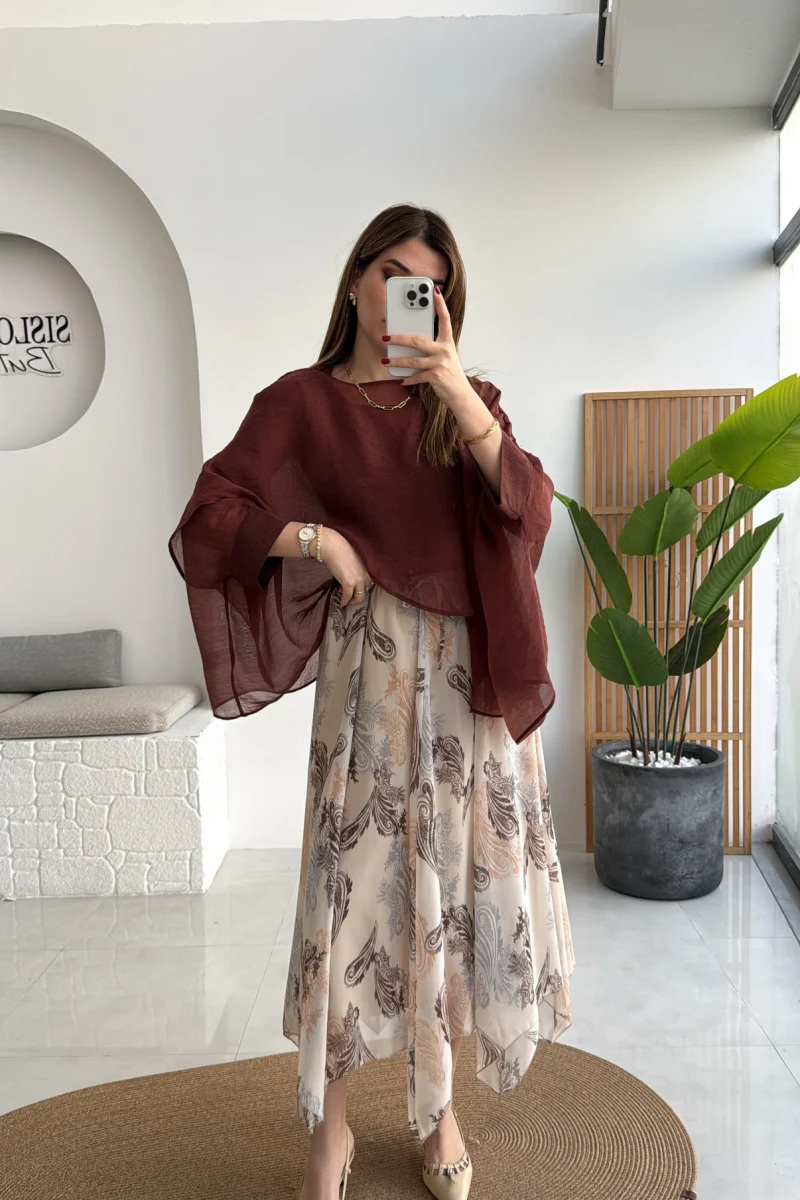 Janeka Desenli Asimetrik Kesim Şifon Etek - Bej - Kod: 1293