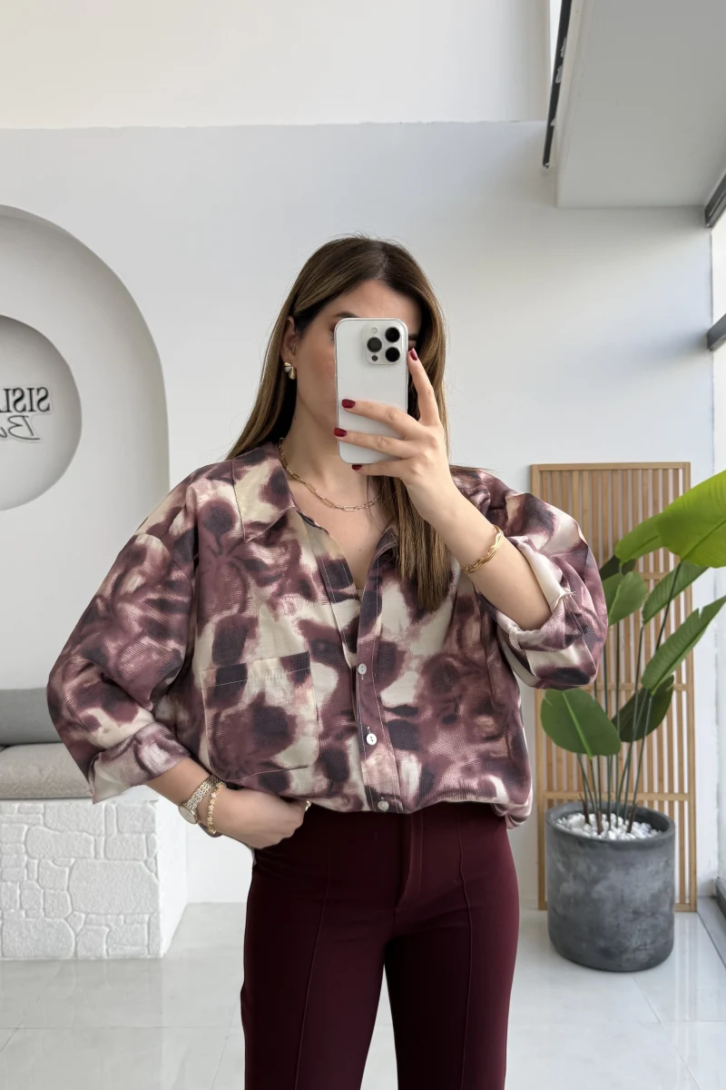 Kaety Desenli Gömlek - Bordo - Kod: 5040