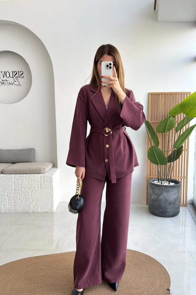 Toka Detay Kemerli Tunik Takım - Mürdüm - Kod: 8927