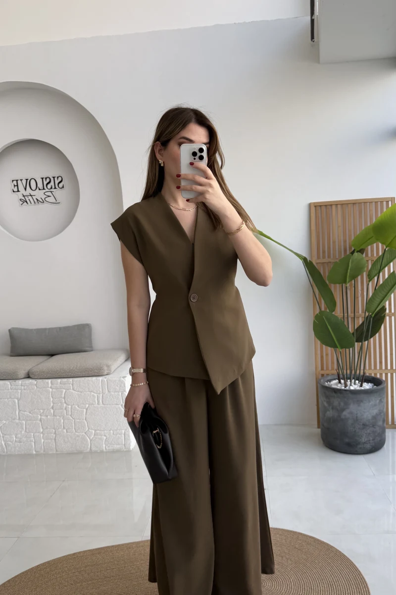 Adena Bağcıklı Bol Paça Pantolon Yelek Takım - Haki - Kod: 9306