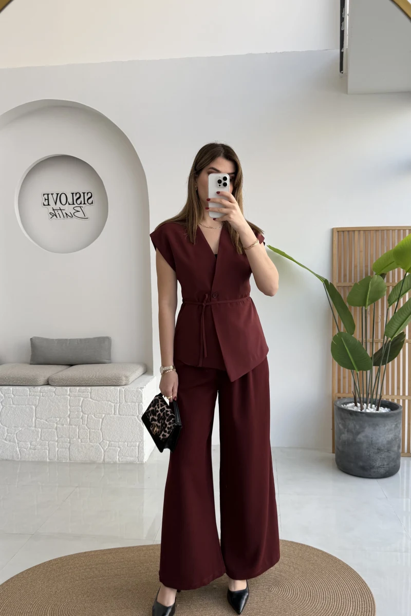 Adena Bağcıklı Bol Paça Pantolon Yelek Takım - Bordo - Kod: 9306