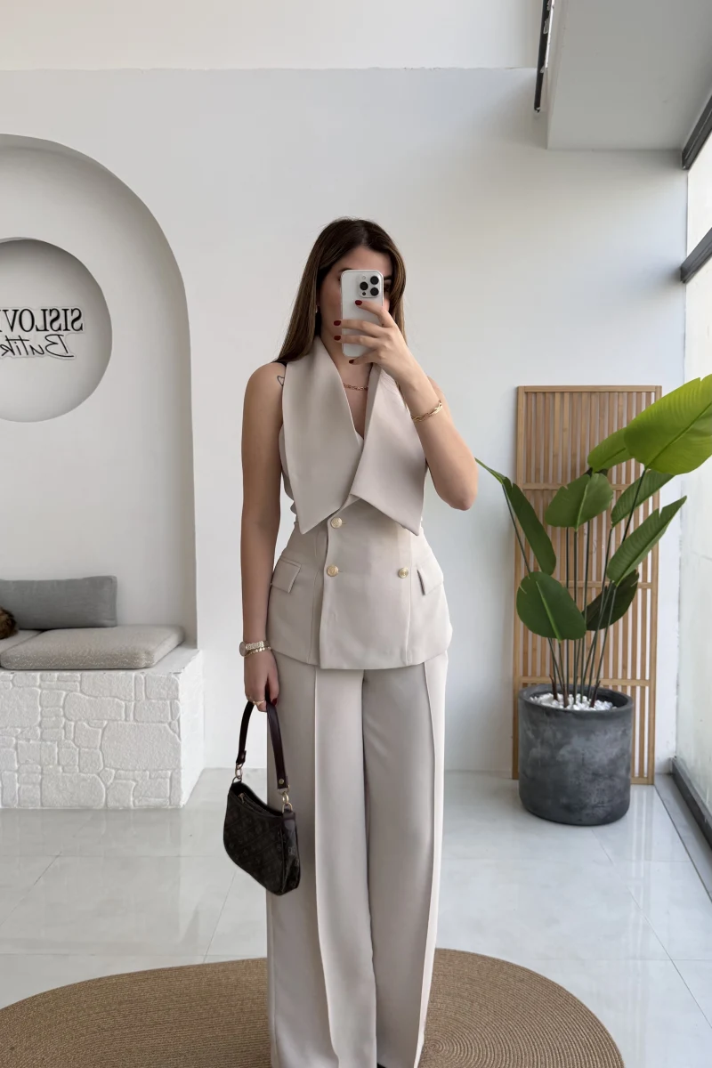 Rowena Yaka Detay Yelek-Pantolon Takım - Bej - Kod: 9692