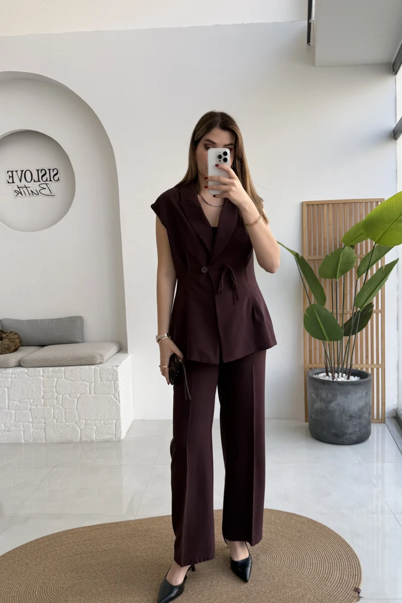 Enola Blazer Yelek-Pantolon Takım - Mürdüm - Kod: 8995