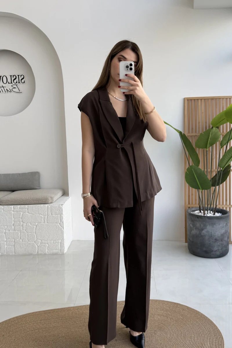 Enola Blazer Yelek-Pantolon Takım - Kahverengi - Kod: 8995