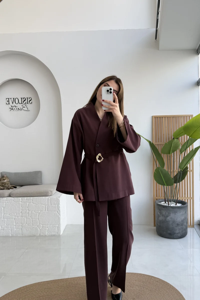 Poppy Toka Kemerli Ceket Pantolon Takım - Mürdüm - Kod: 9021