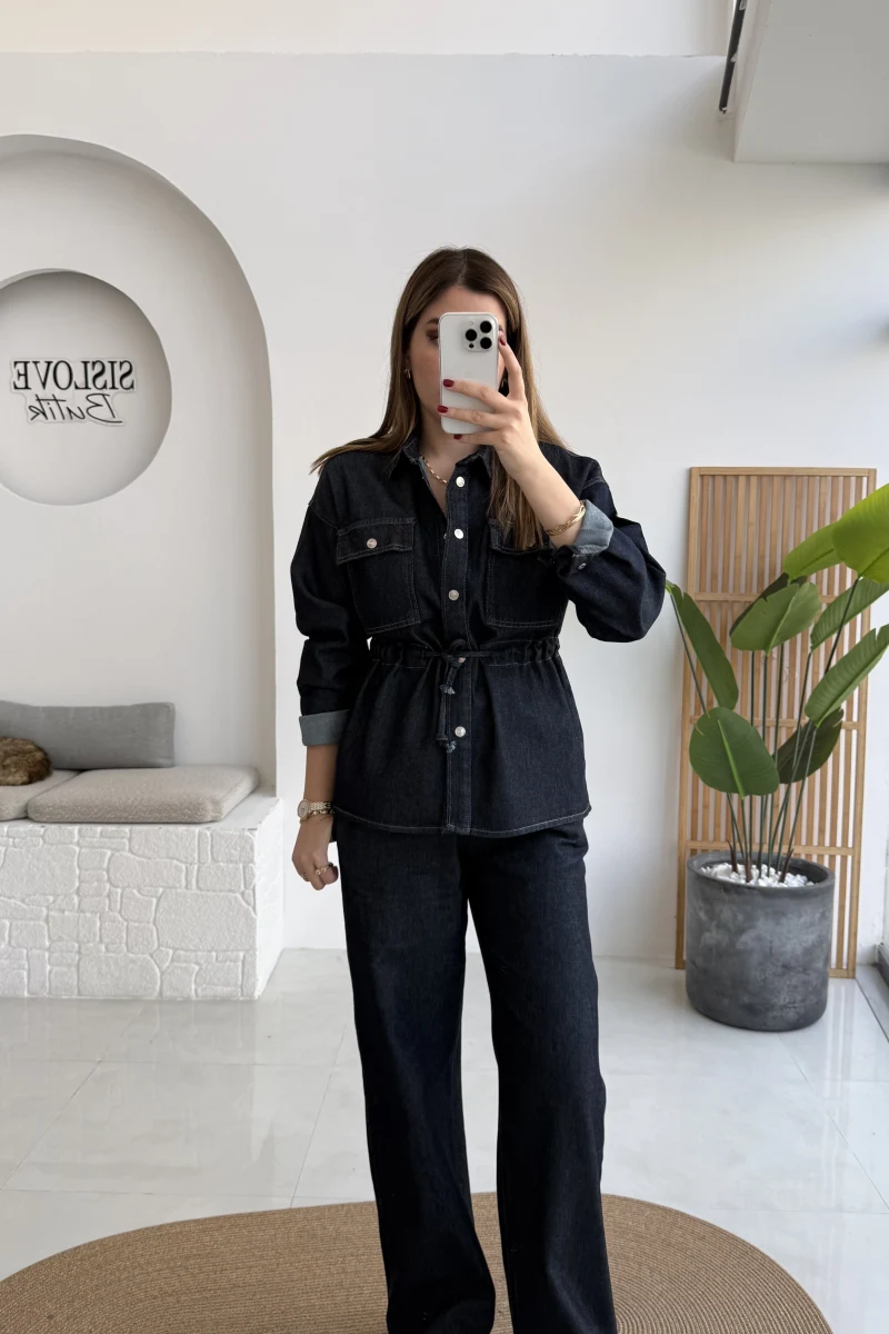 Beli Büzgülü Kot Ceket Takım - Lacivert