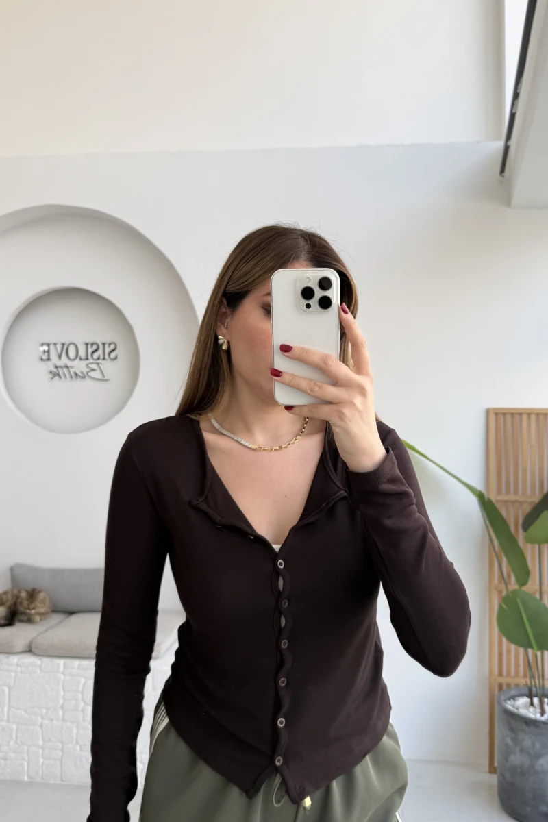 Ella Düğmeli Uzun Triko Hırka - Kahverengi