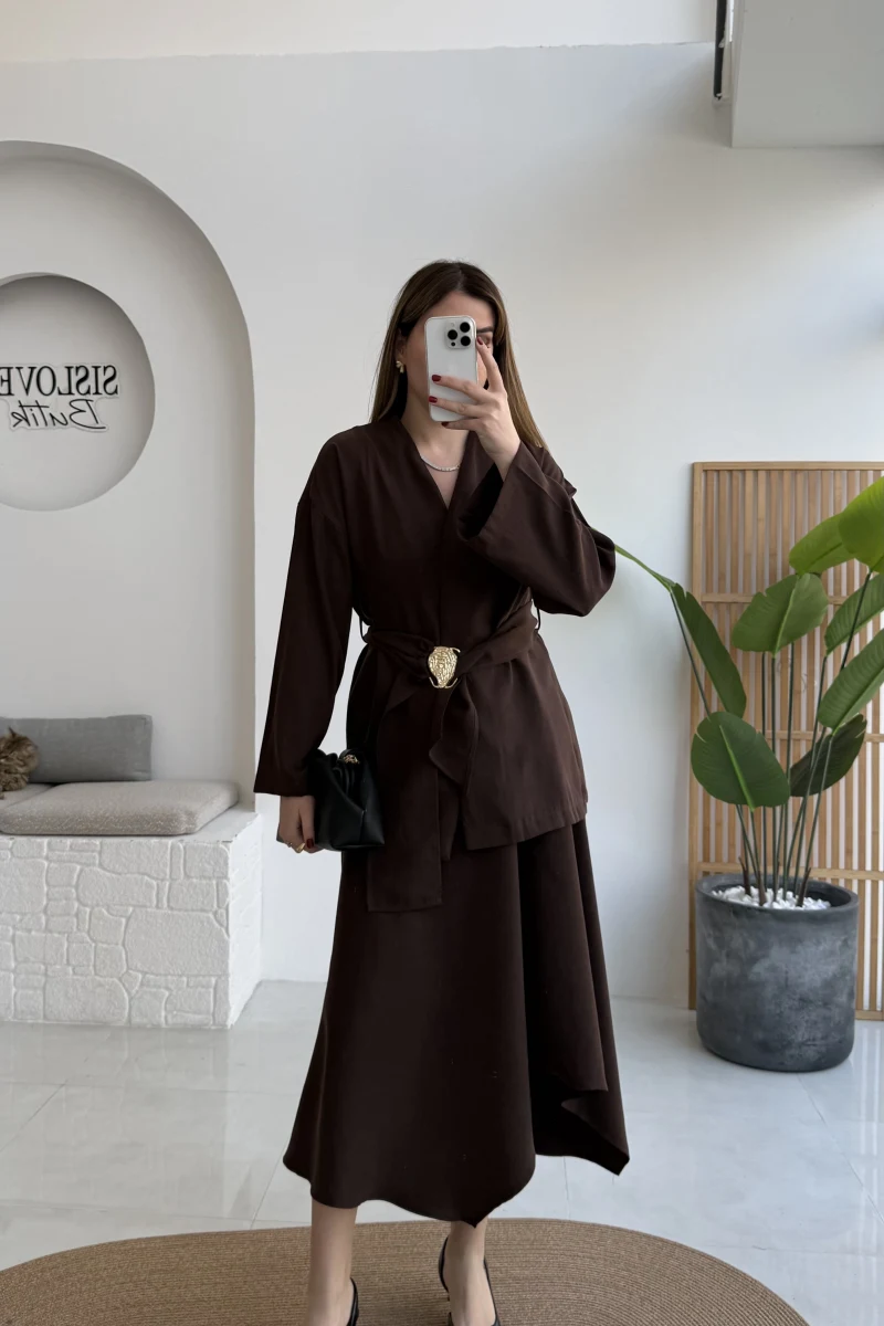Sienna Aksesuar Kuşaklı Kimono-Etek Takım - Acı Kahve - Kod: 7047 5063
