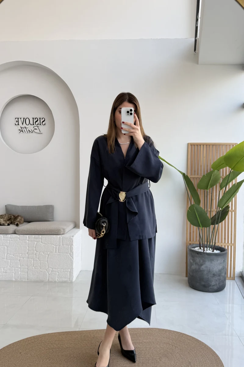 Sienna Aksesuar Kuşaklı Kimono-Etek Takım - Lacivert - Kod: 7047 5063