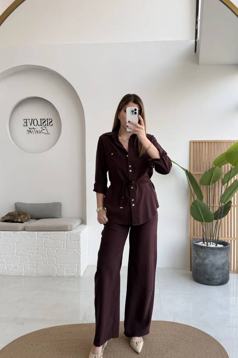 Chesley Kuşaklı Gömlek-Pantolon Takım - Bordo - Kod: 51280