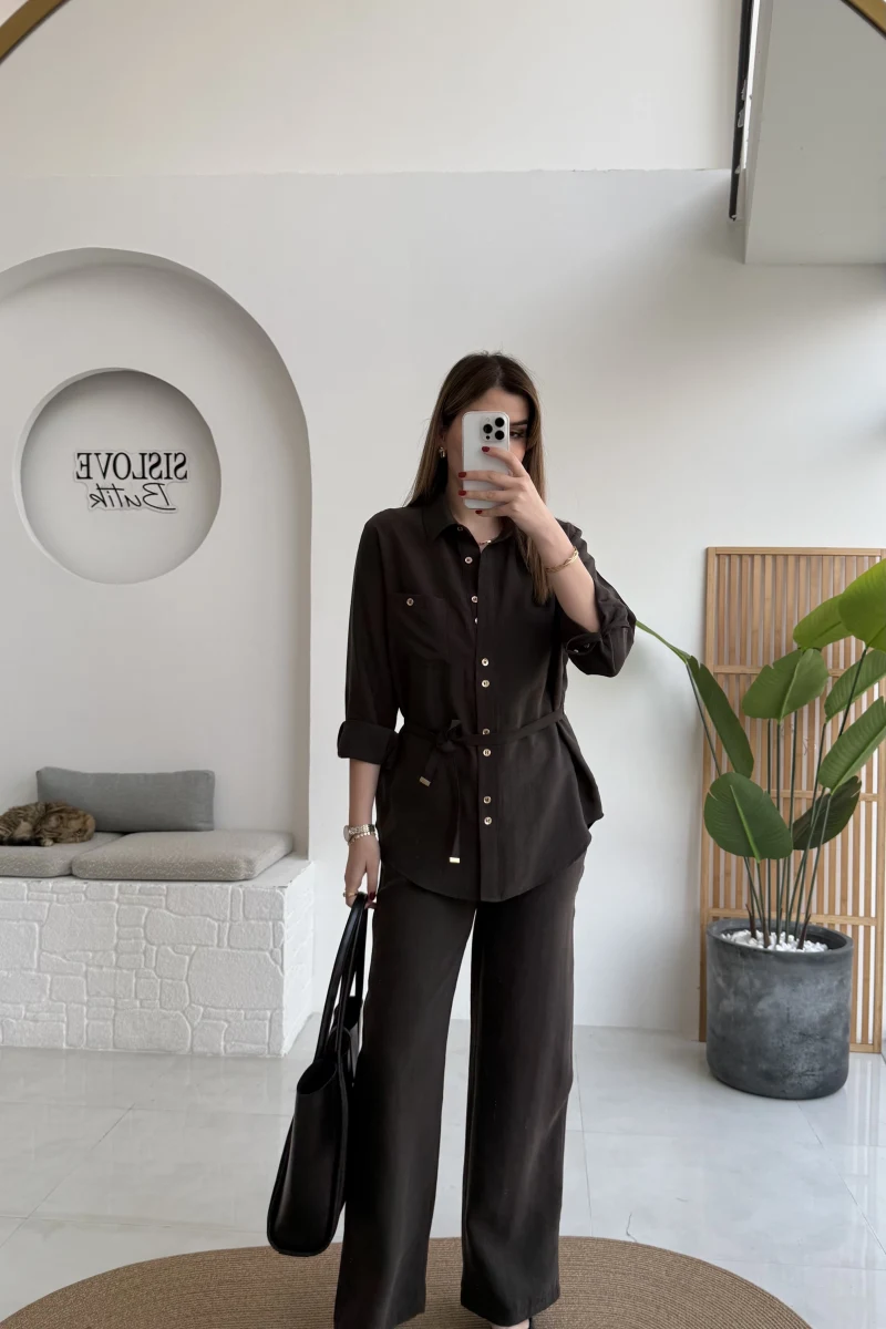 Chesley Kuşaklı Gömlek-Pantolon Takım - Kahve - Kod: 51280