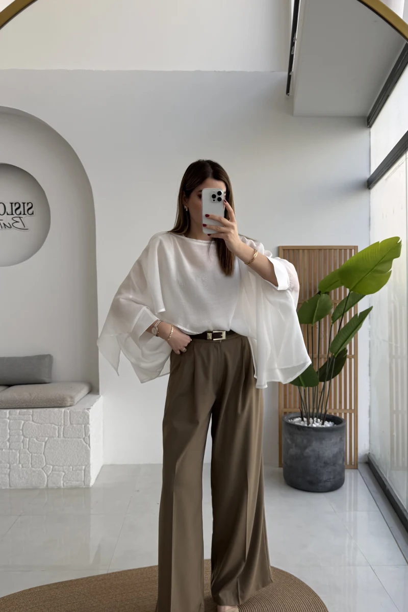 Kemerli Poliviskon Kumaş Pantolon - Karamel - Kod: 51303