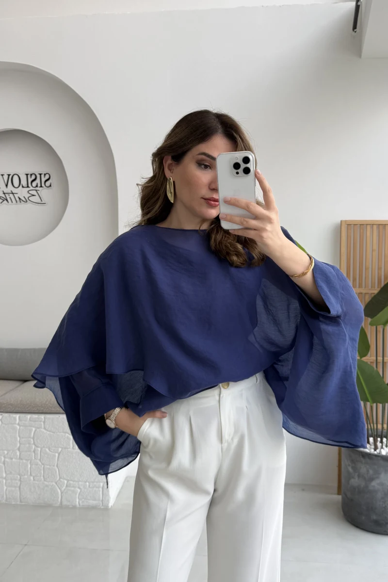 Uçuşan Pelerin Bluz - Lacivert - Kod: 5026