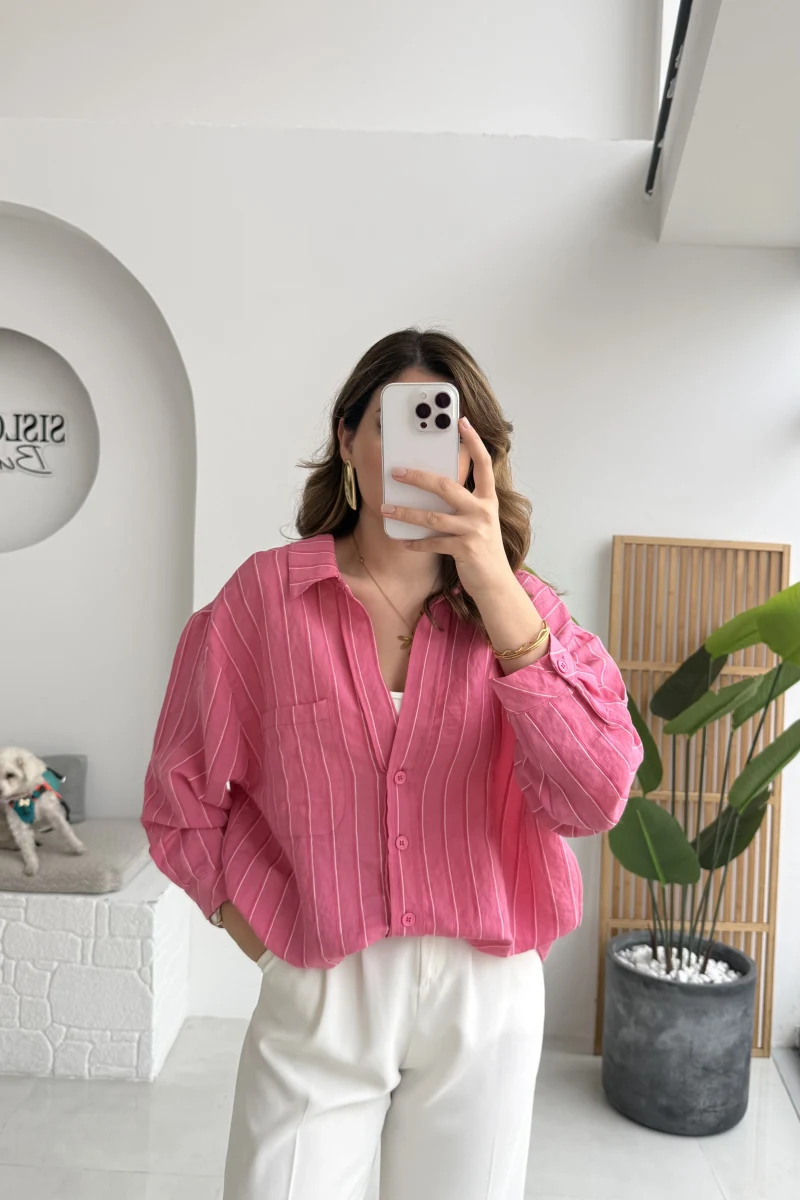 Tensel V Yaka Çizgili Gömlek - Pembe - Kod: 4758