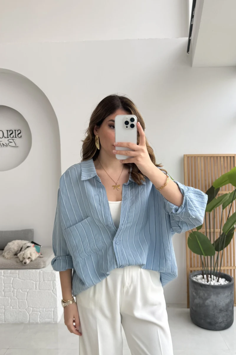 Tensel V Yaka Çizgili Gömlek - İndigo - Kod: 4758