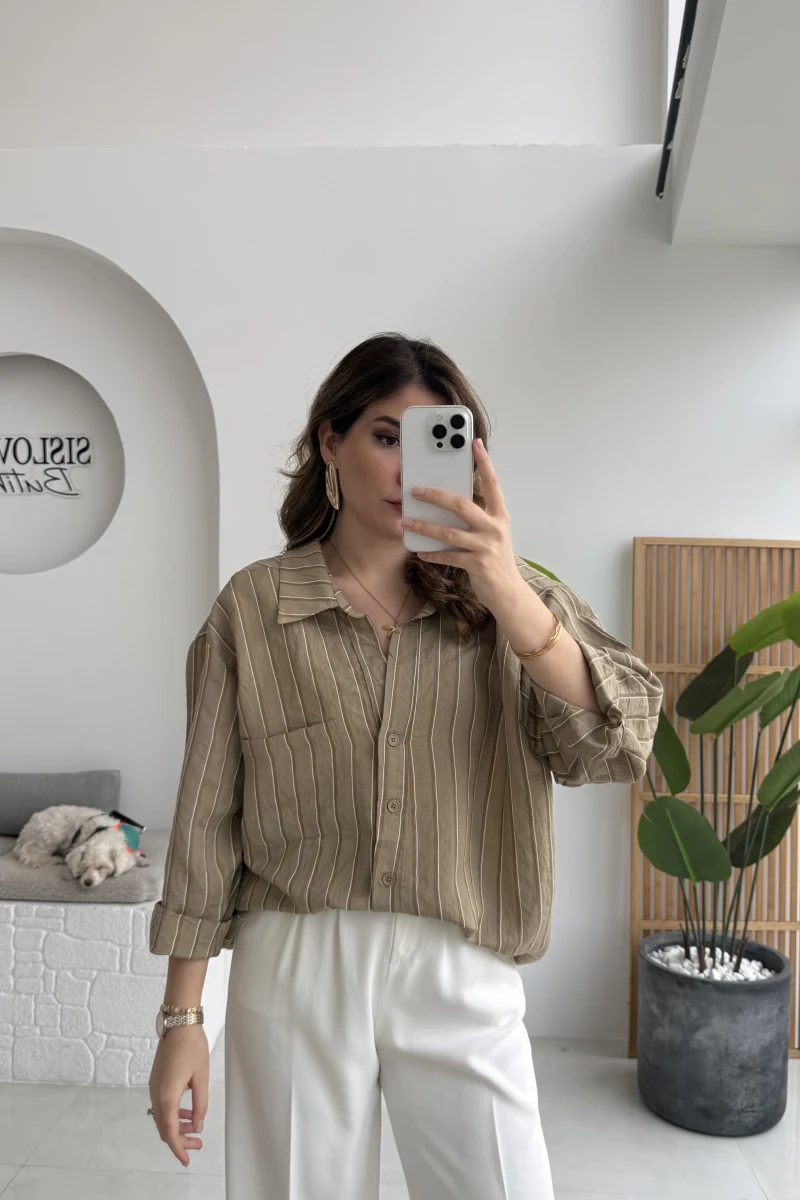 Tensel V Yaka Çizgili Gömlek - Olive - Kod: 4758