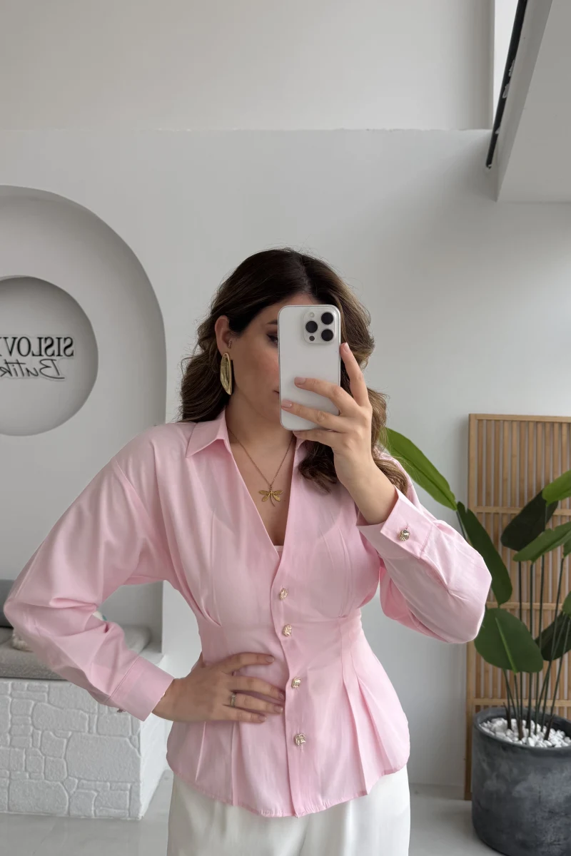 Missy Beli Pile Detay V Yaka Gömlek - Pembe - Kod: 2222