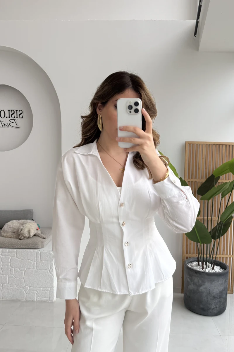 Missy Beli Pile Detay V Yaka Gömlek - Beyaz - Kod: 2222