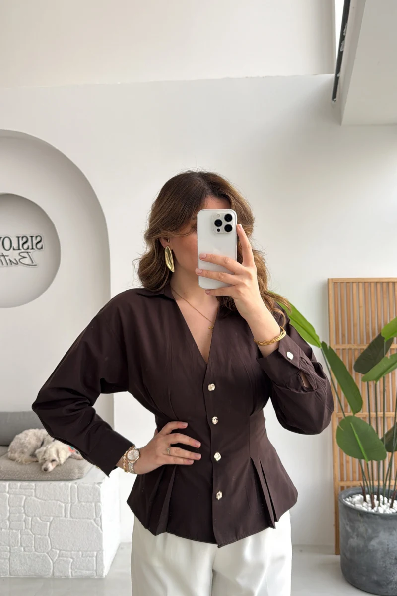 Missy Beli Pile Detay V Yaka Gömlek - Acı Kahve - Kod: 2222