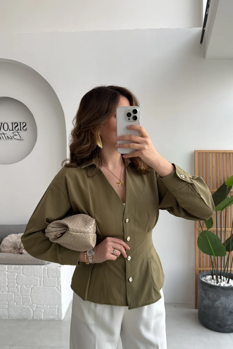 Missy Beli Pile Detay V Yaka Gömlek - Haki - Kod: 2222