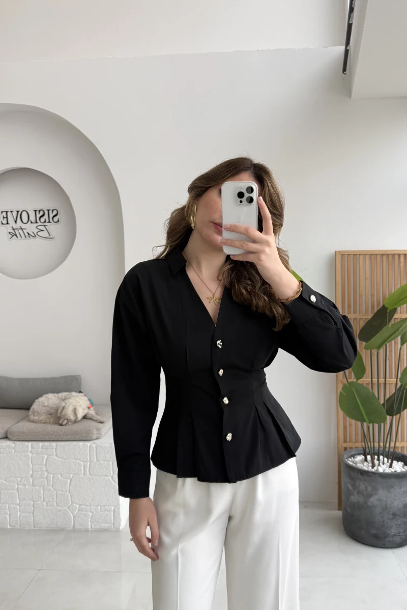 Missy Beli Pile Detay V Yaka Gömlek - Siyah - Kod: 2222