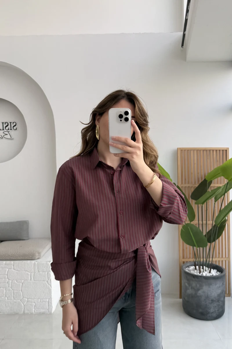 Çizgili Şallı Gömlek - Bordo-Gri - Kod: 5046