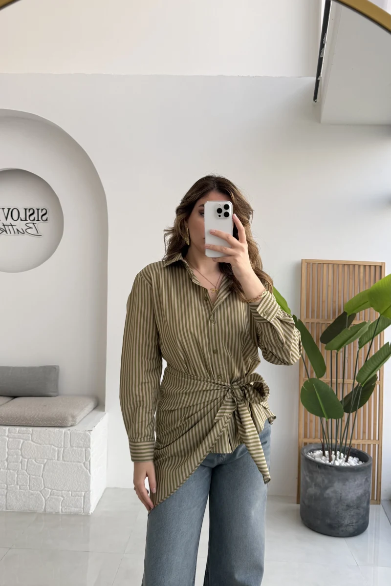 Çizgili Şallı Gömlek - Haki-Bej - Kod: 5046