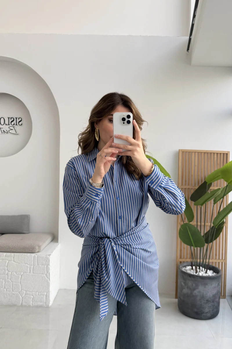 Çizgili Şallı Gömlek - Gri-Mavi - Kod: 5046