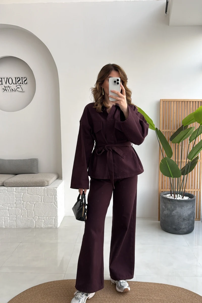 Nancy Kuşaklı Kot Gabardin Takım - Mürdüm - Kod: 6001