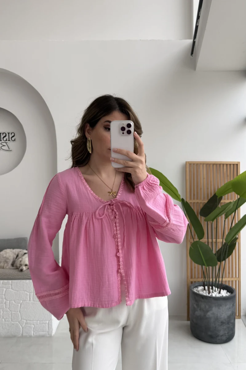 Peri İnci Detay Pembe Bluz