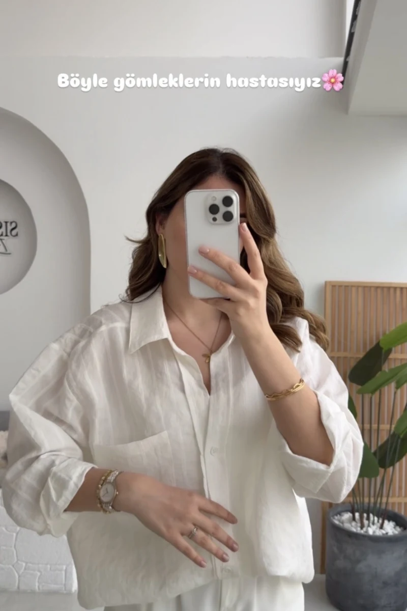 Tensel V Yaka Çizgili Gömlek - Beyaz - Kod: 4758