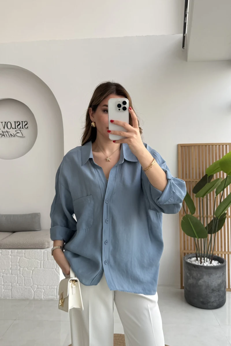 İndigo Mavi Oversize Tensel Gömlek Kod: 4612