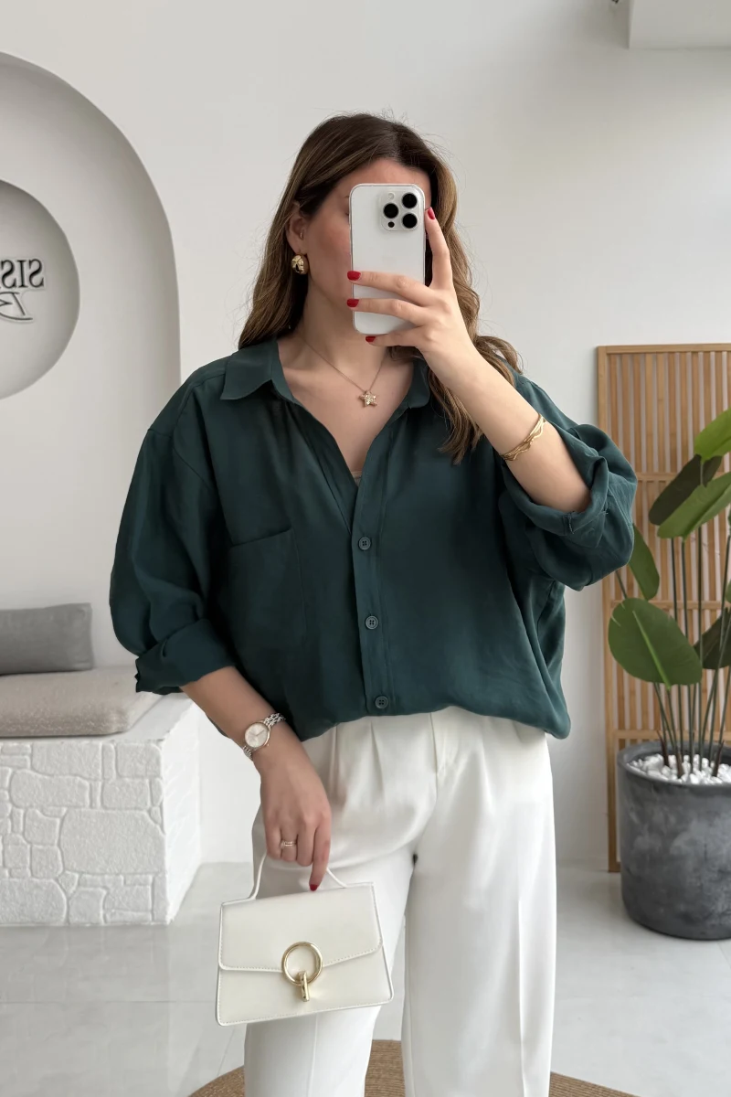 Zümrüt Yeşili Oversize Tensel Gömlek Kod: 4612