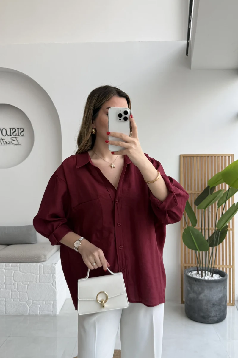 Bordo Oversize Tensel Gömlek Kod: 4612