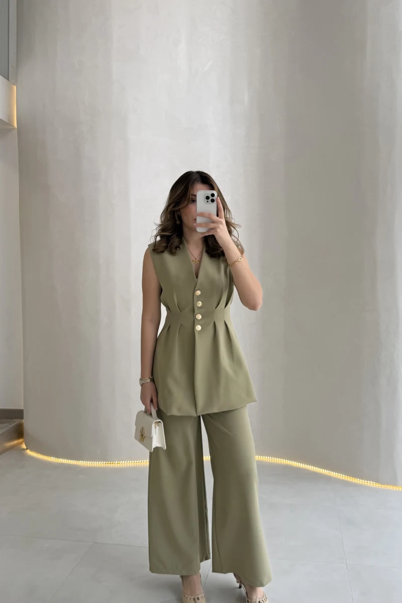 Alira Gold Düğmeli Bel Pile Detaylı Yelek Takım - Mint - Kod: 8011