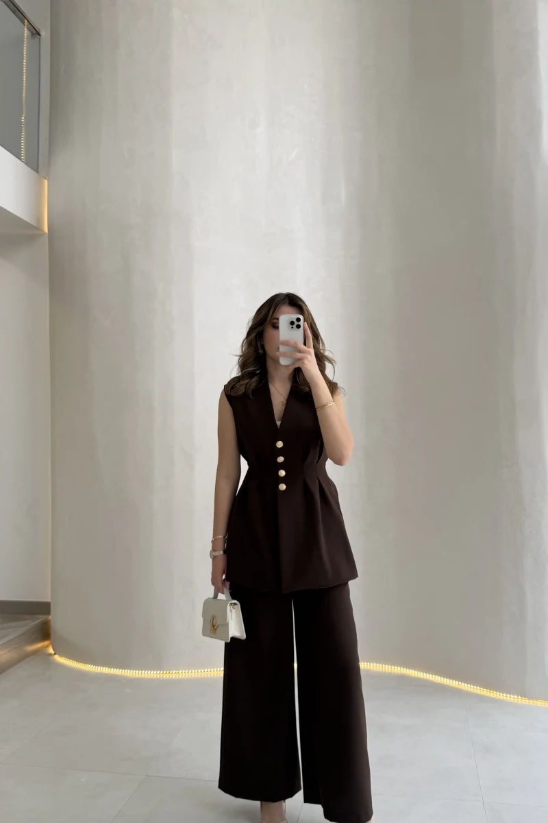 Alira Gold Düğmeli Bel Pile Detaylı Yelek Takım - Acı Kahve - Kod: 8011