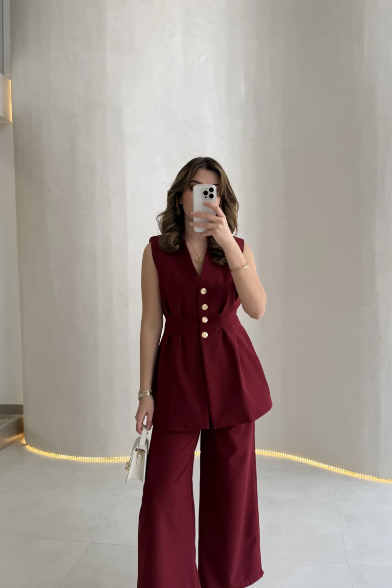 Alira Gold Düğmeli Bel Pile Detaylı Yelek Takım - Bordo - Kod: 8011