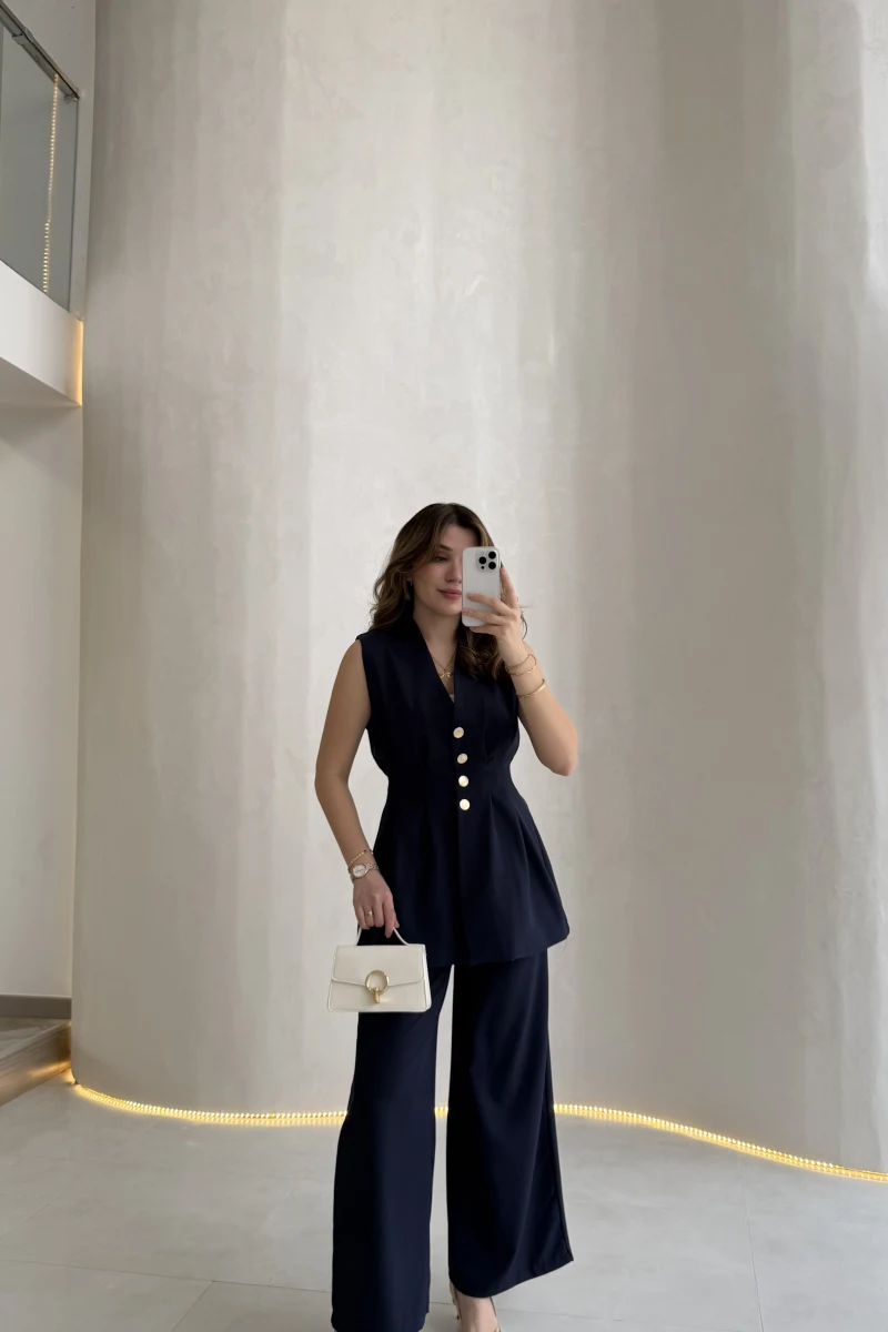 Alira Gold Düğmeli Bel Pile Detaylı Yelek Takım - Lacivert - Kod: 8011