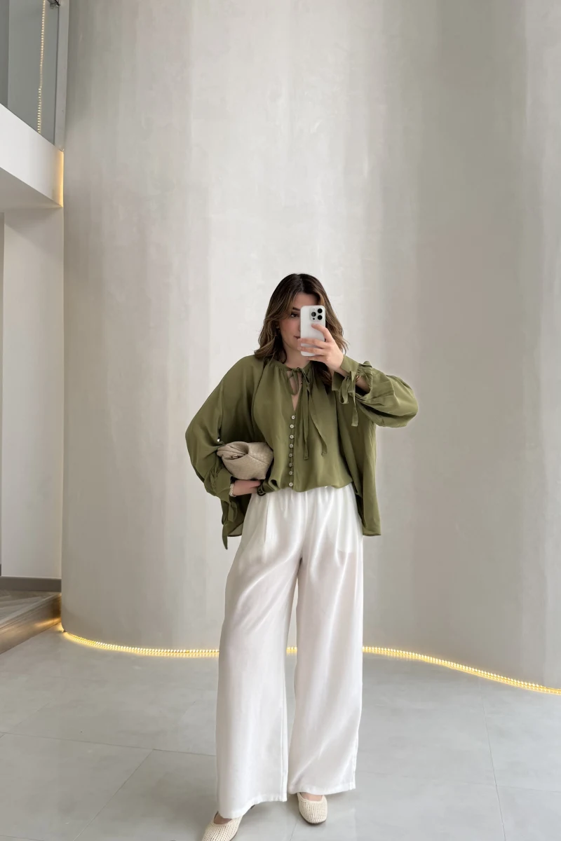 Menessa Bol Paça Beli Lastikli Transparan Pantolon - Ekru - Kod: 3720