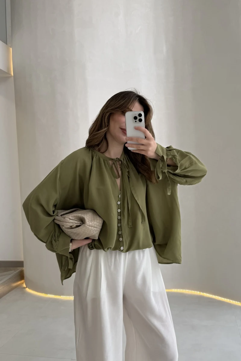 Georgia Bağlama Detaylı Dökümlü Gömlek - Haki - Kod: 4988