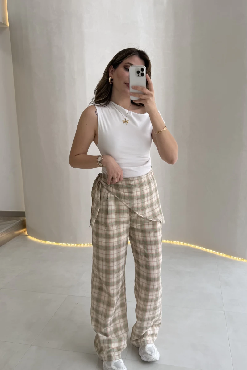 Cıelle Ekose Desenli Fular Bağlamalı Pantolon - Haki - Kod: 3921