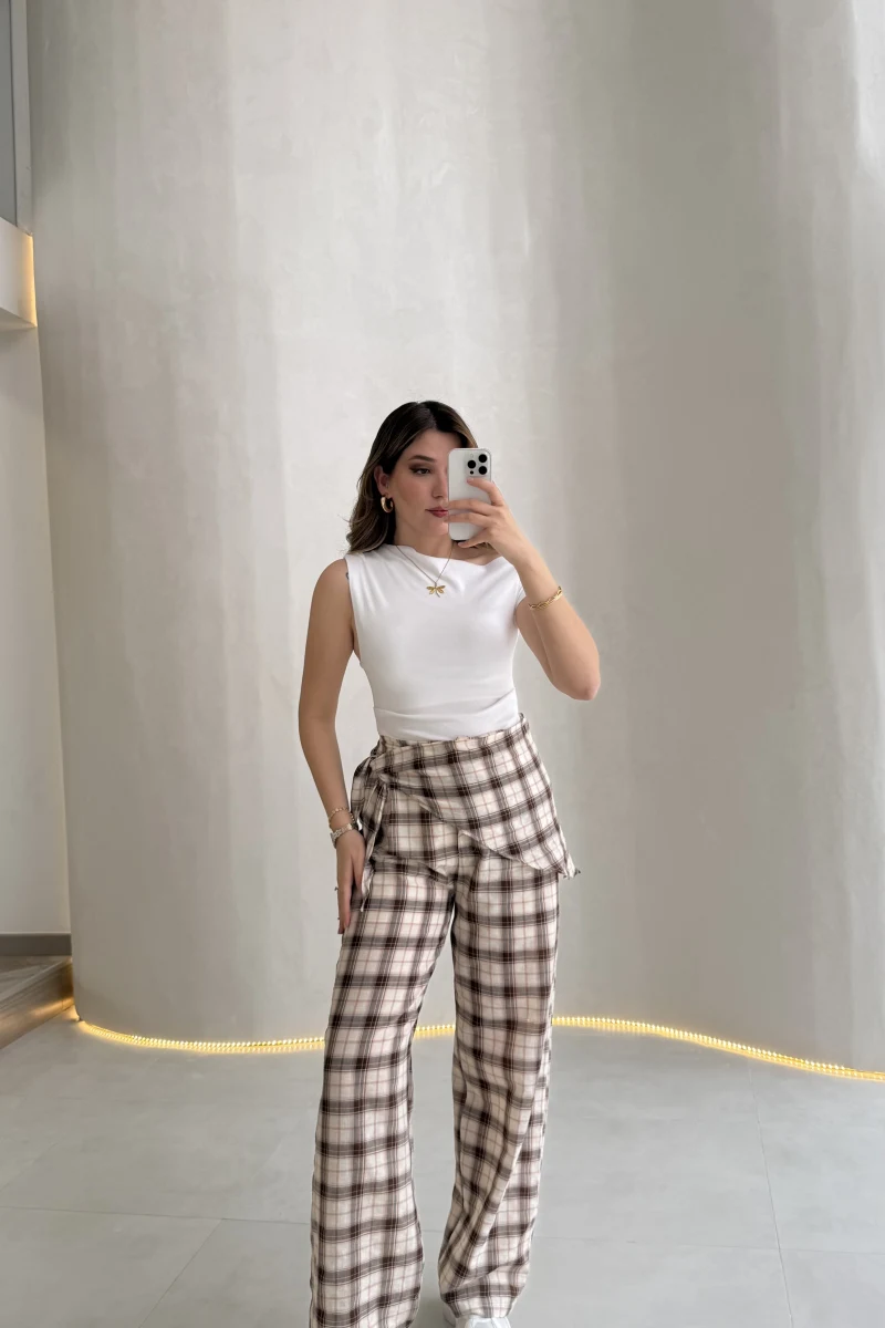 Cıelle Ekose Desenli Fular Bağlamalı Pantolon - Kahve - Kod: 3921