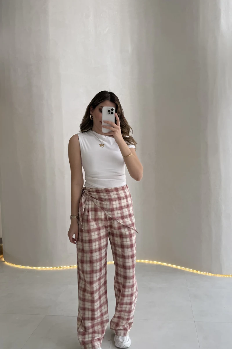 Cıelle Ekose Desenli Fular Bağlamalı Pantolon - Kiremit - Kod: 3921