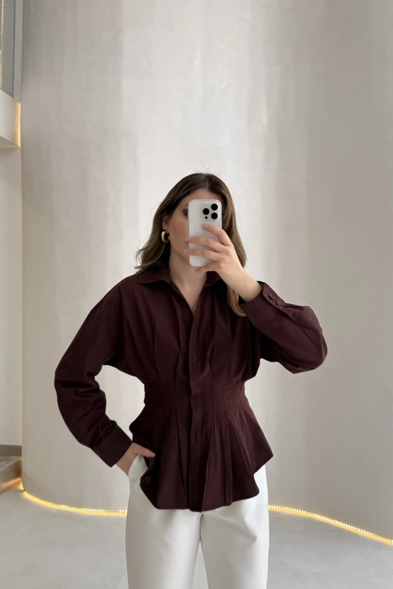 Adira V Yaka Beli Pileli Gömlek - Bordo - Kod: 126