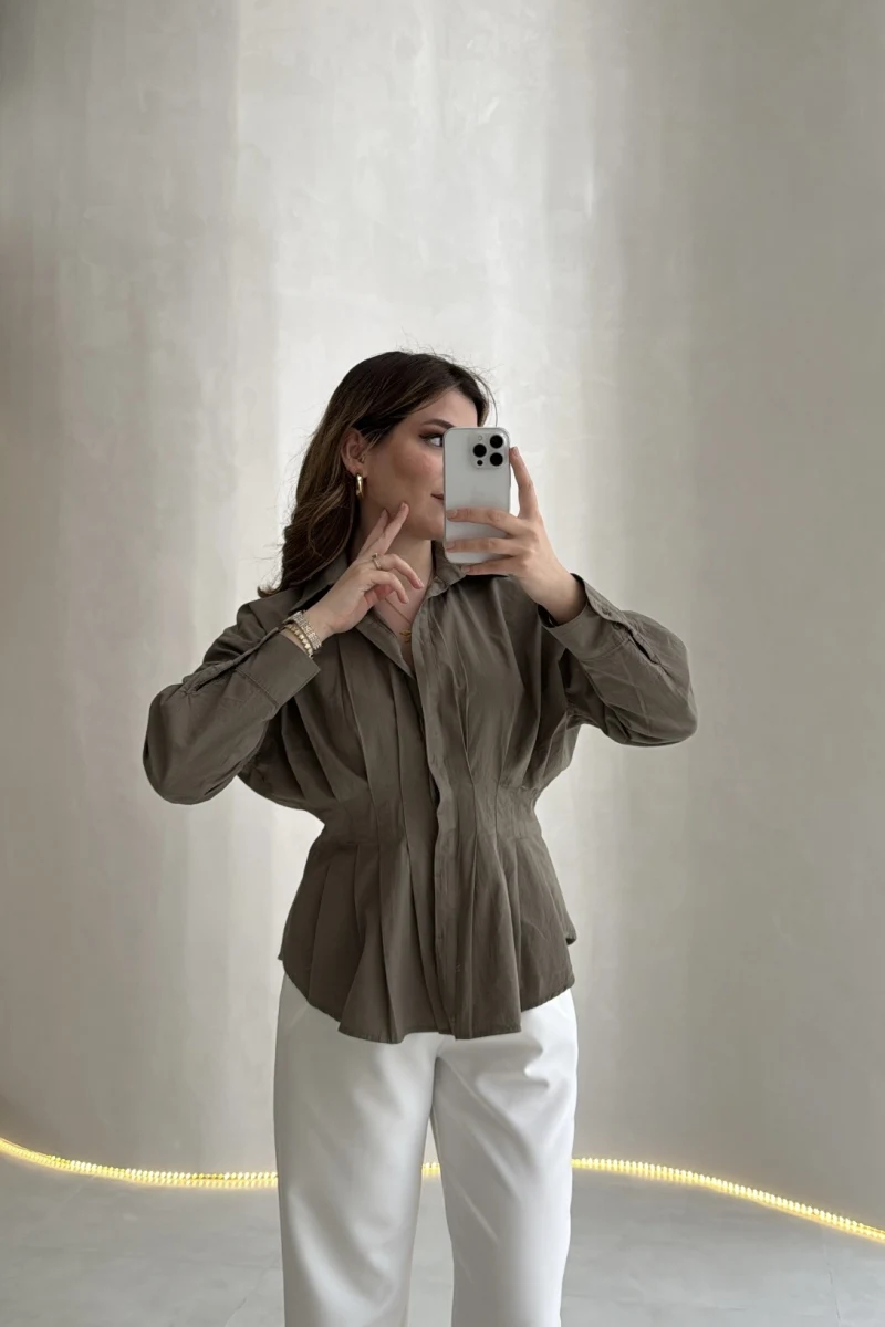 Adira V Yaka Beli Pileli Gömlek - Haki - Kod: 126