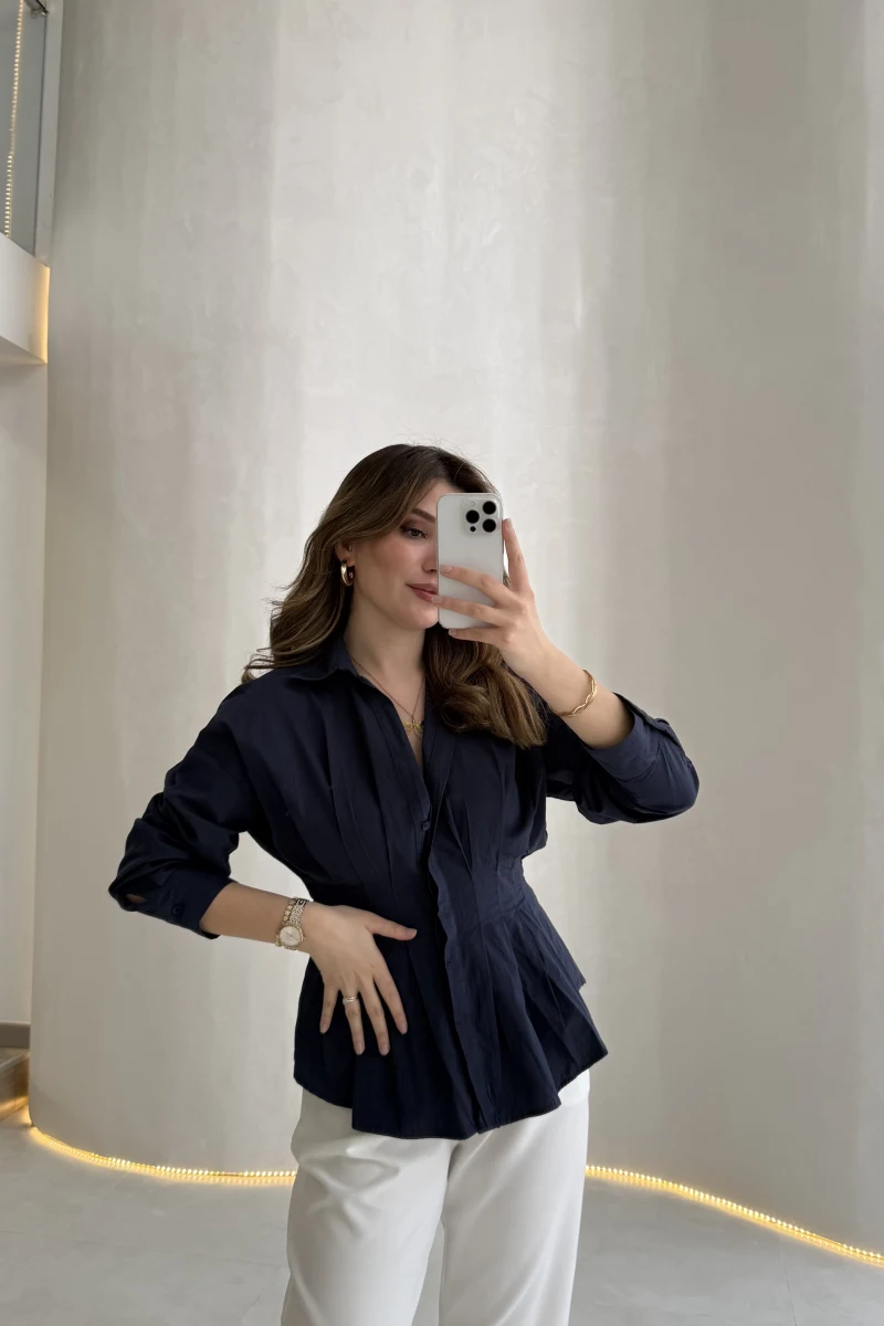 Adira V Yaka Beli Pileli Gömlek - Lacivert - Kod: 126