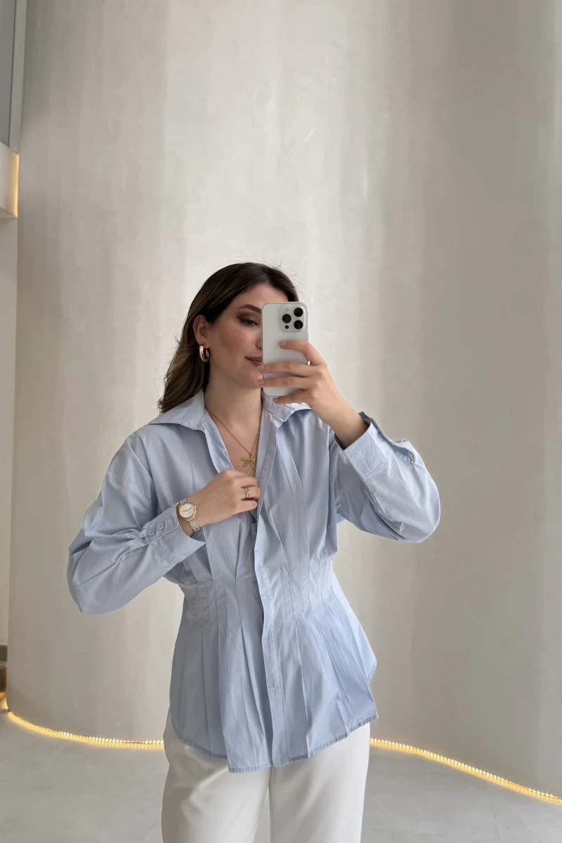 Adira V Yaka Beli Pileli Gömlek - Açık Mavi - Kod: 126